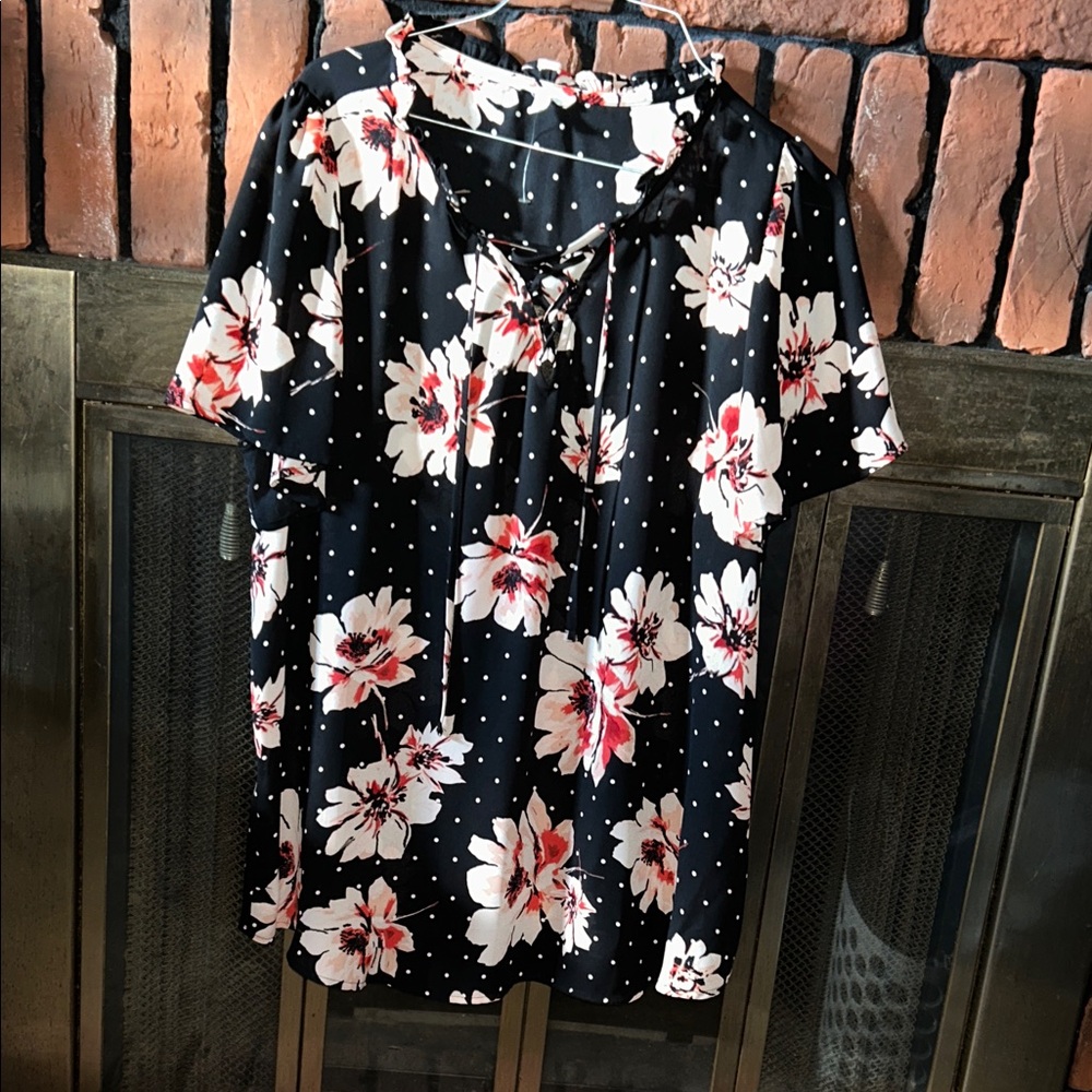 Maurices Black Floral Blouse with Red Accents